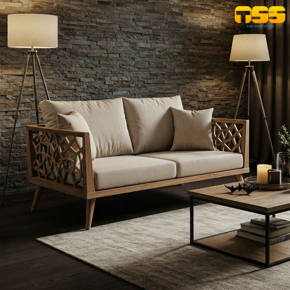 2 Seater Wooden Sofa (Iris Cream)