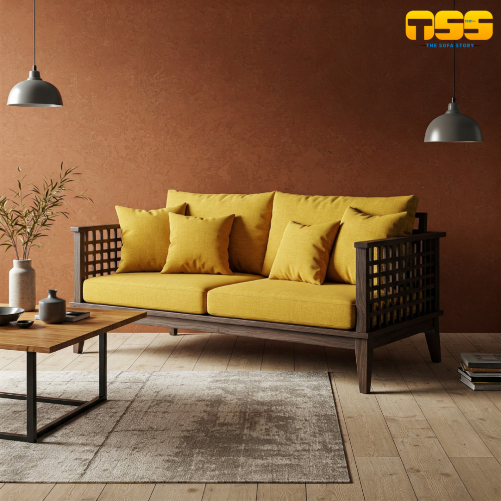 2 Seater Wooden Sofa (Mustard Yellow)