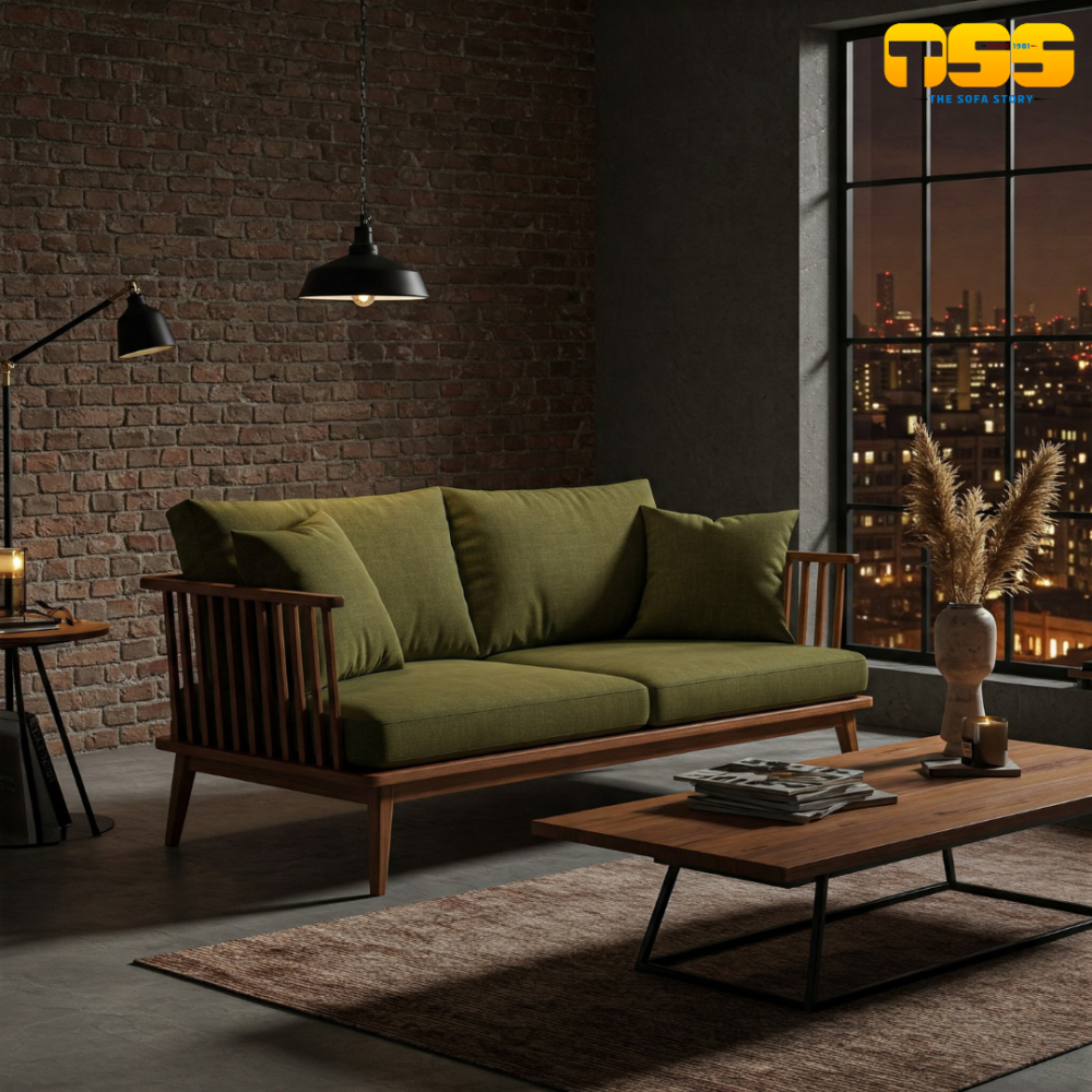 2 Seater Wooden Sofa (Olive Green)