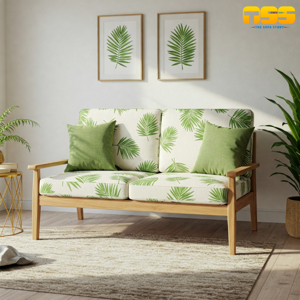 2 Seater Wooden Sofa (White Green Textured)