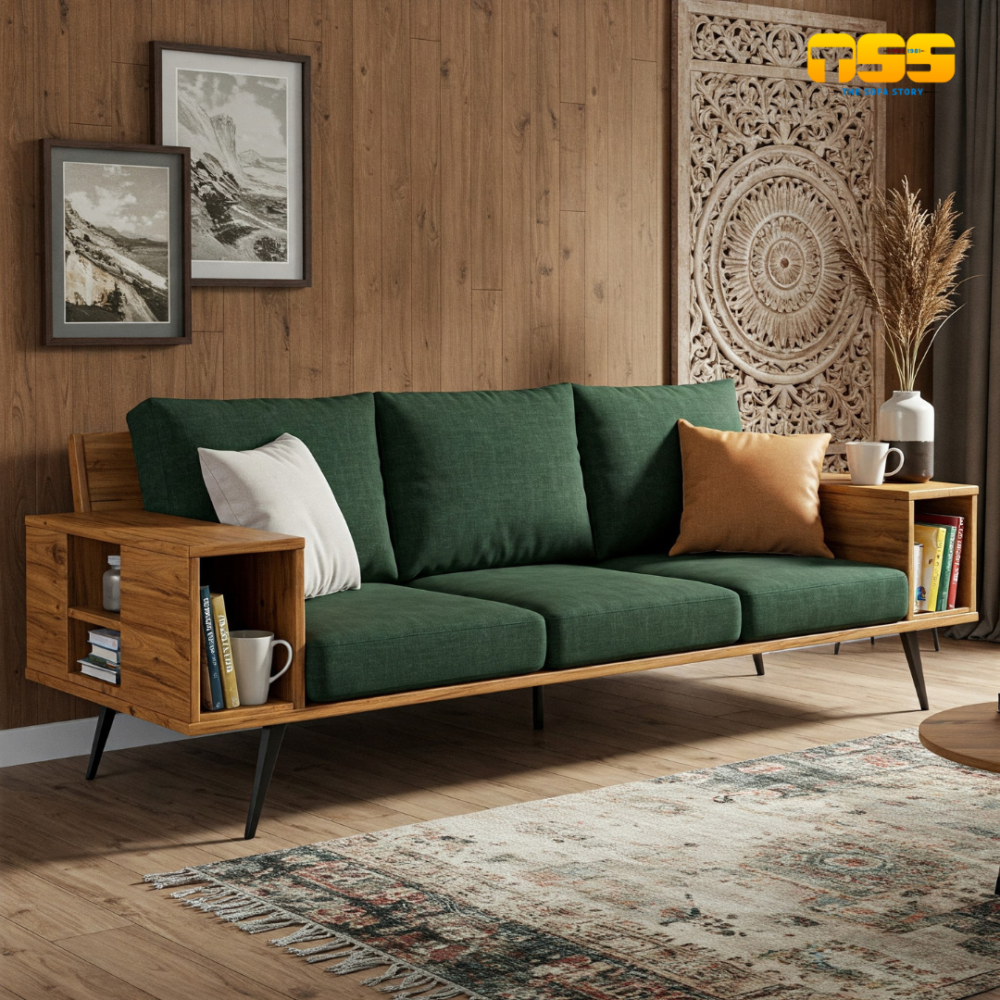 3 Seater Wooden Sofa (Emerald Green)