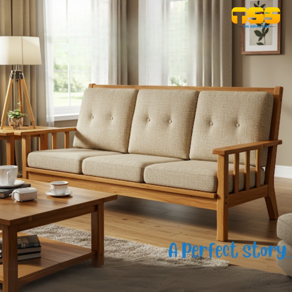 3 Seater Wooden Sofa (Cream)