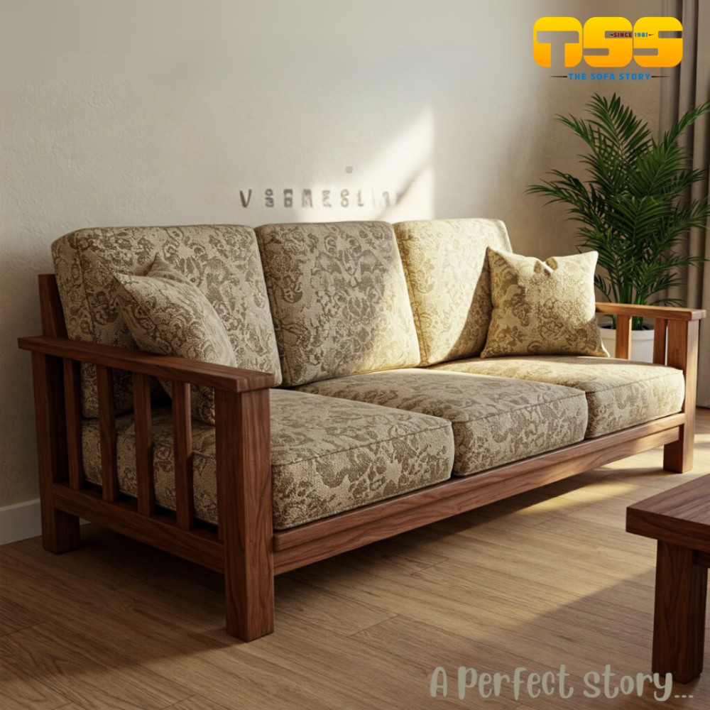 3 Seater Wooden Sofa(Cream Textured)