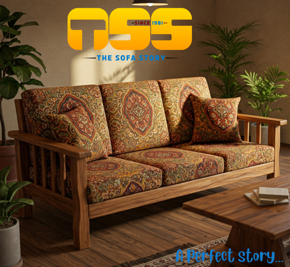 3 Seater Wooden Sofa (Mustard Textured)
