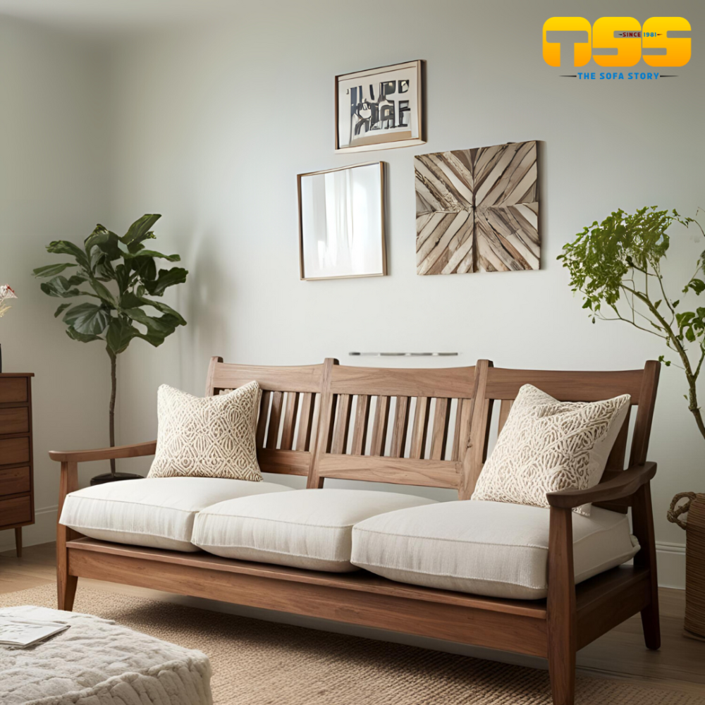 3 Seater Wooden Sofa (Whitish Cream)