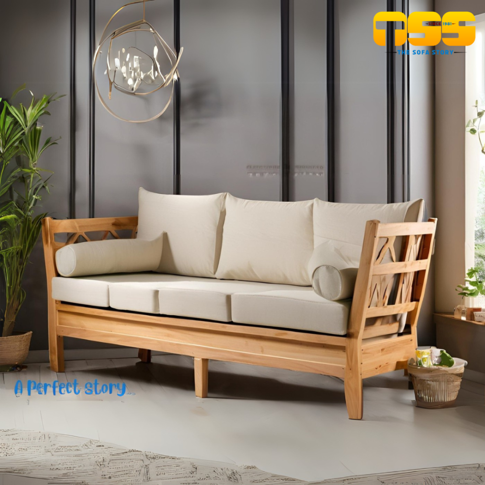 3 Seater Wooden Sofa (Whitish Cream)