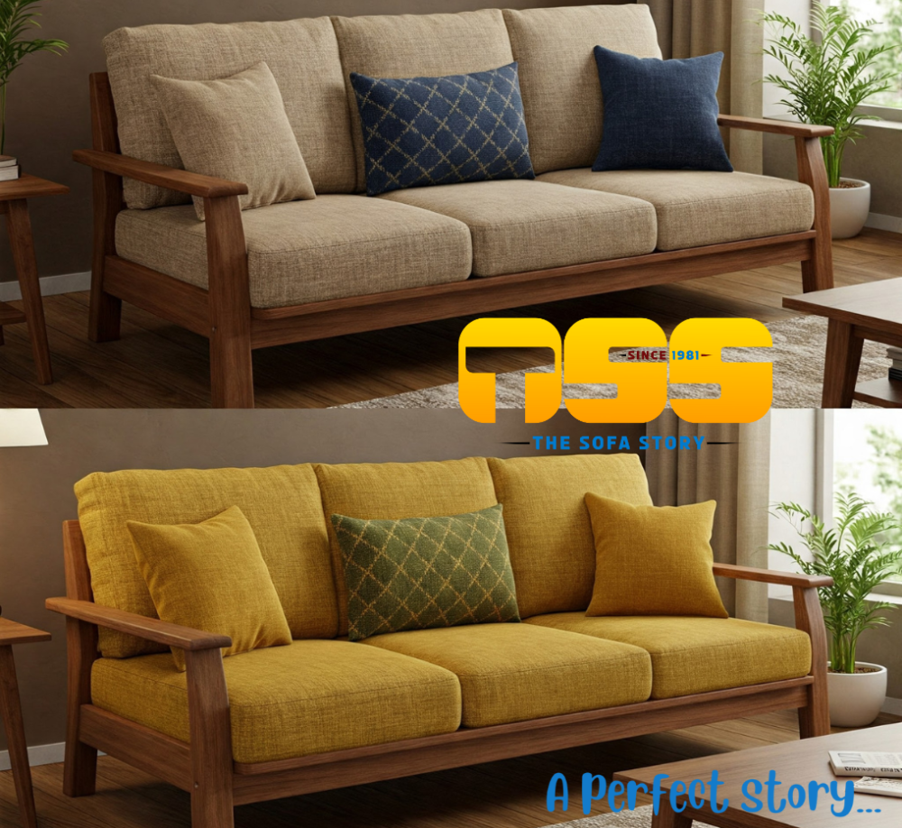 3 Seater Wooden Sofa (Mustard Yellow, Cream)