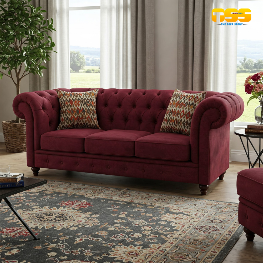 3 Seater Fabric Sofa (Maroon Velvet)