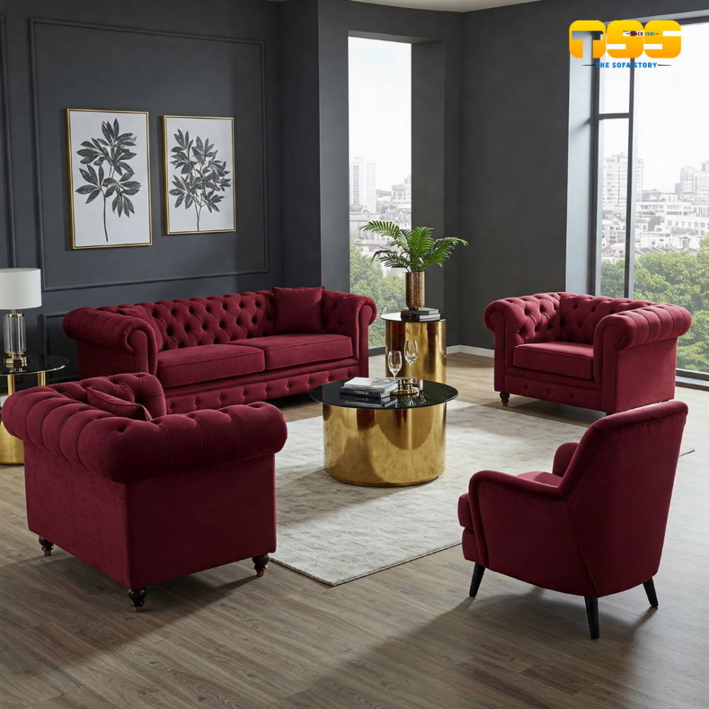 3 Seater Living Sofa With 3 Lounge Chairs (Ruby Red)