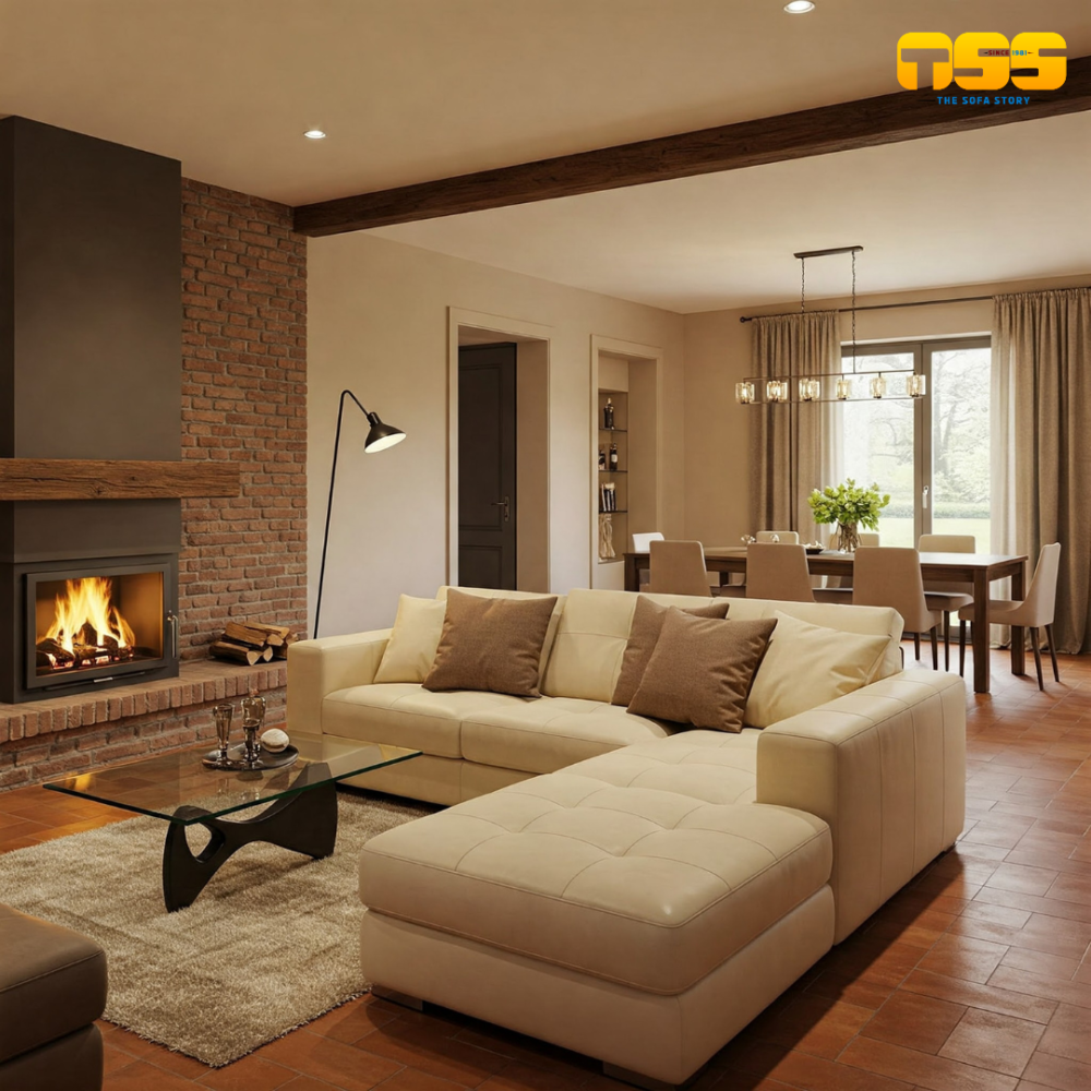 L Shaped fabric Sofa (Cream Leather)
