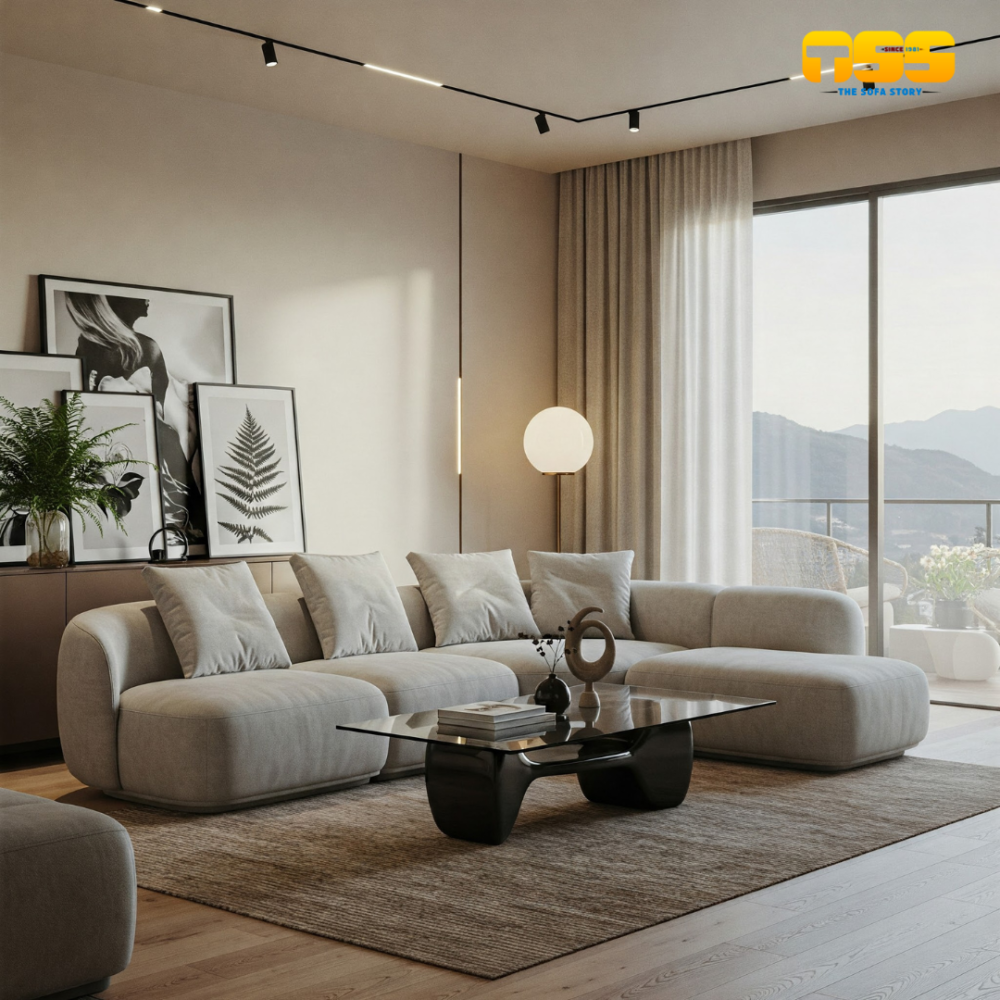 L Shaped fabric Sofa (Puffy Cream)