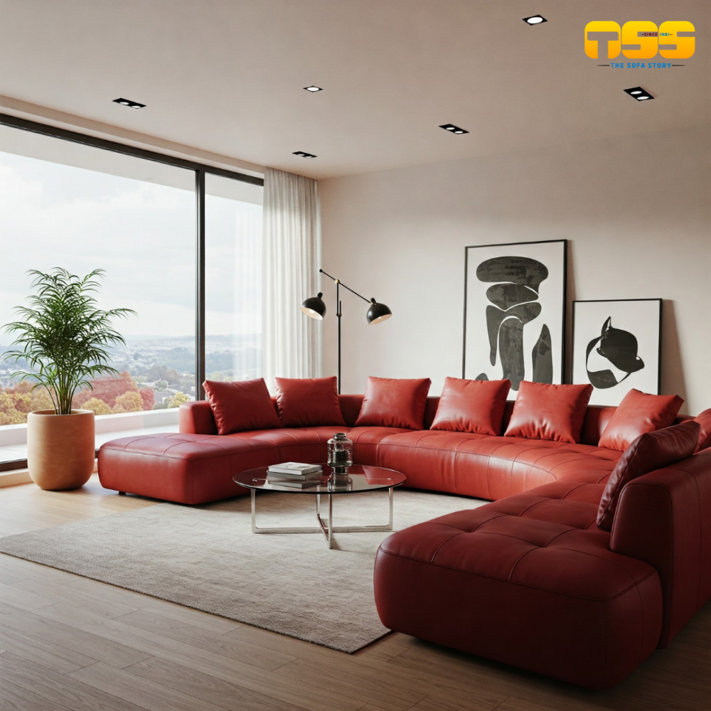 L Shaped fabric Sofa (Red Shiny)
