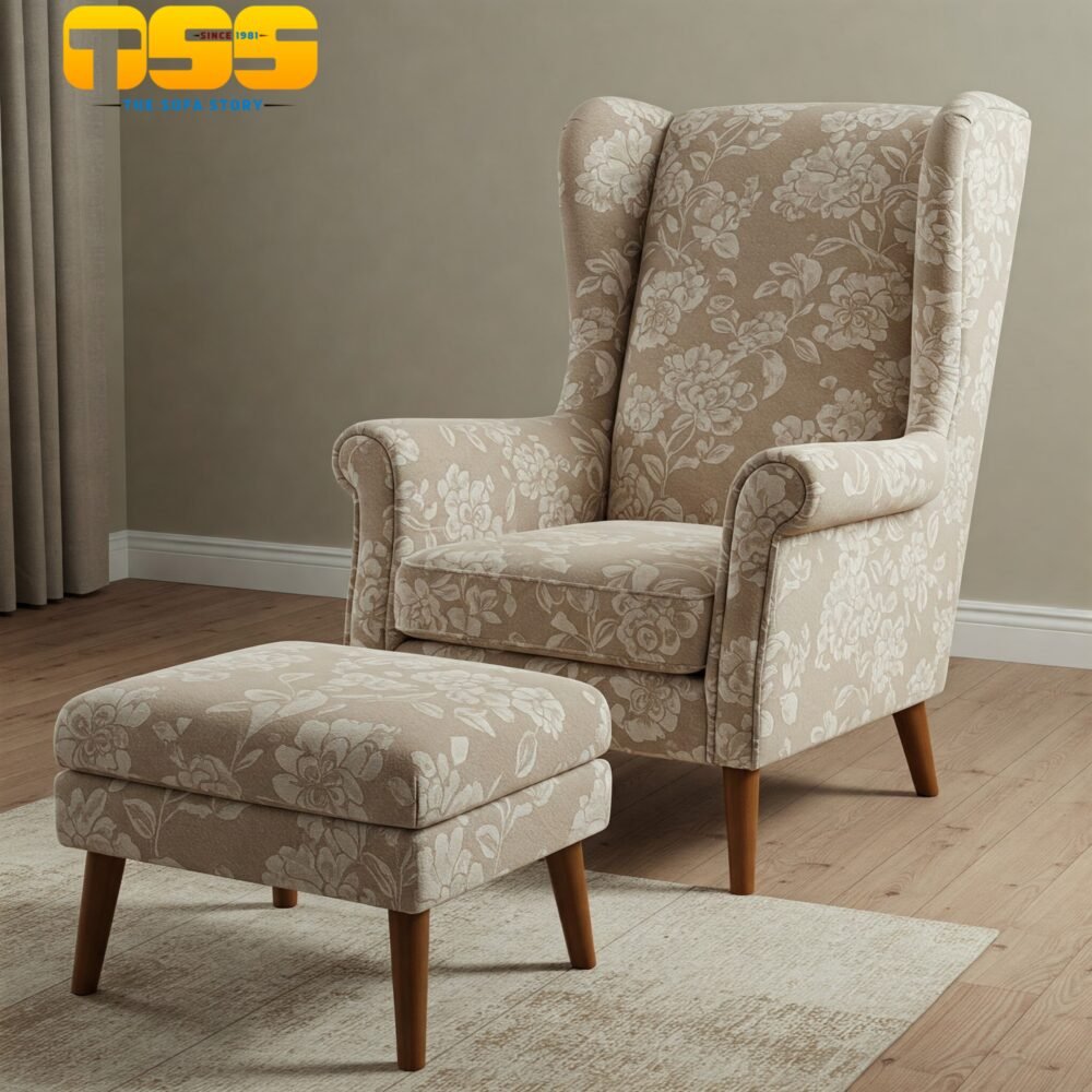 Wing Chair With Ottoman(White Floral)