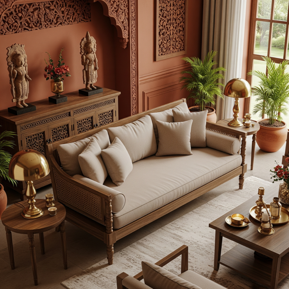3 Seater Wooden Sofa (Beige)